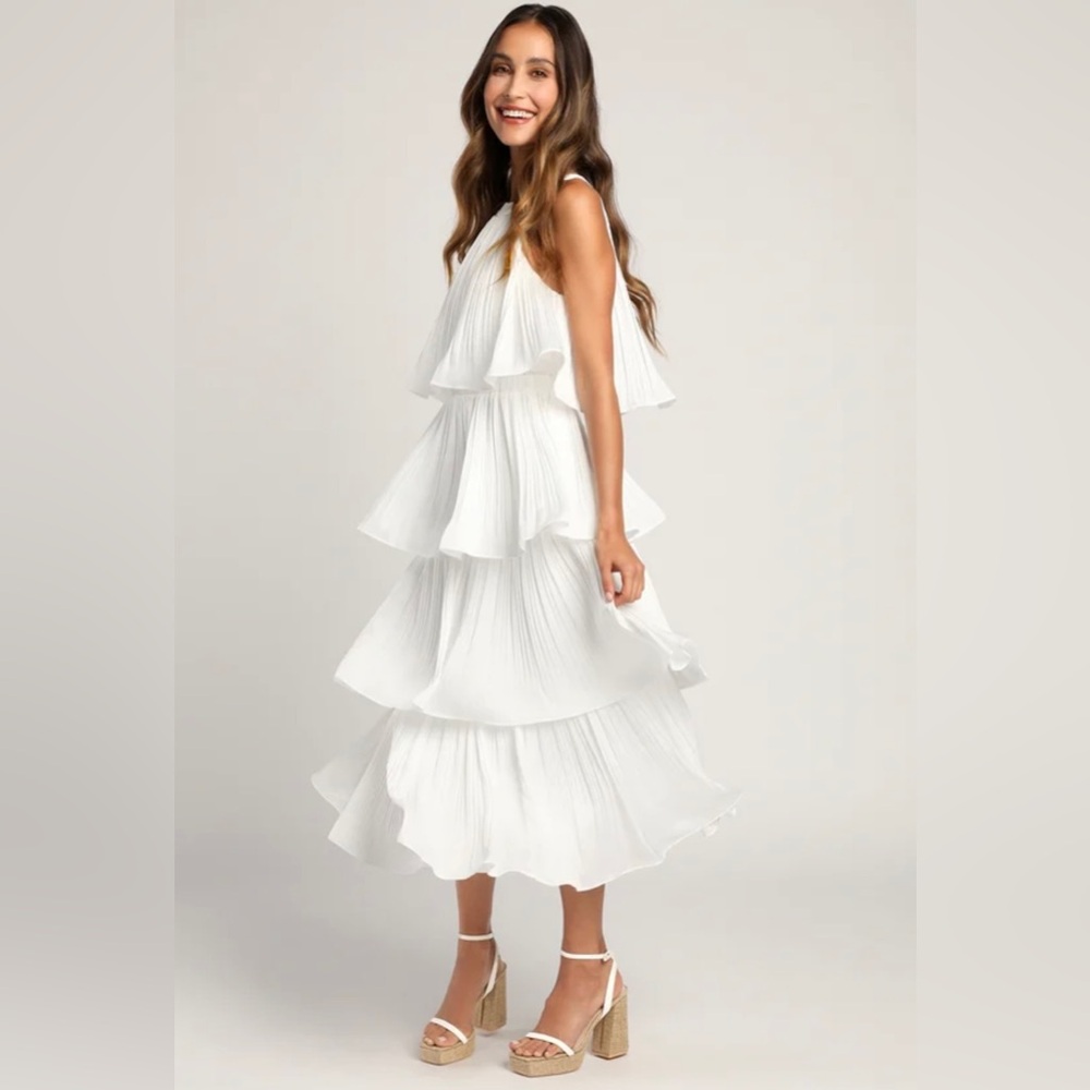 Lulus Tier and Far White Tiered Pleated Halter Midi Dress - Size Small